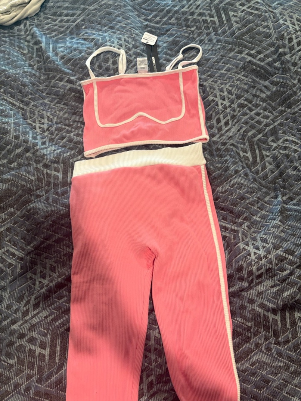 Pink Ribbed Two-Piece Crop Top and High-Waist Leggings Set